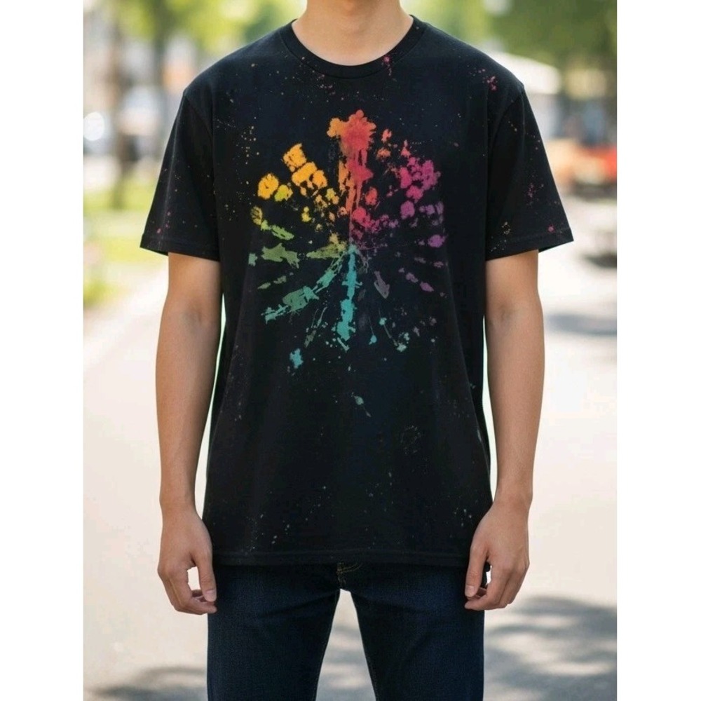 Rainbow Galaxy Tie Dye Tee Black Splatter Graphic Shirt Unisex Alt Grunge M